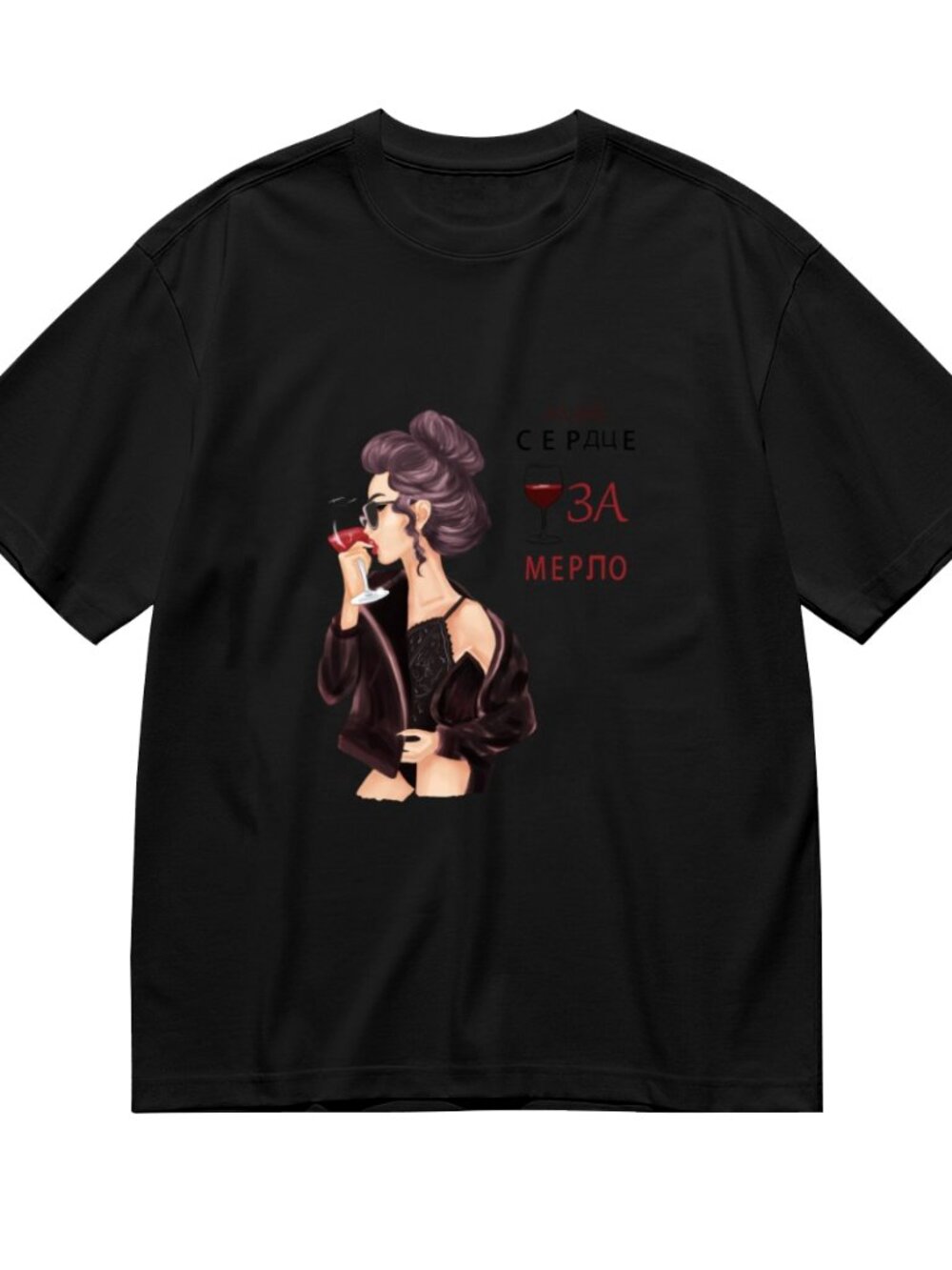 Black Short Sleeve Graphic Tee with Wine Glass Illustration - Picture 3 of 5